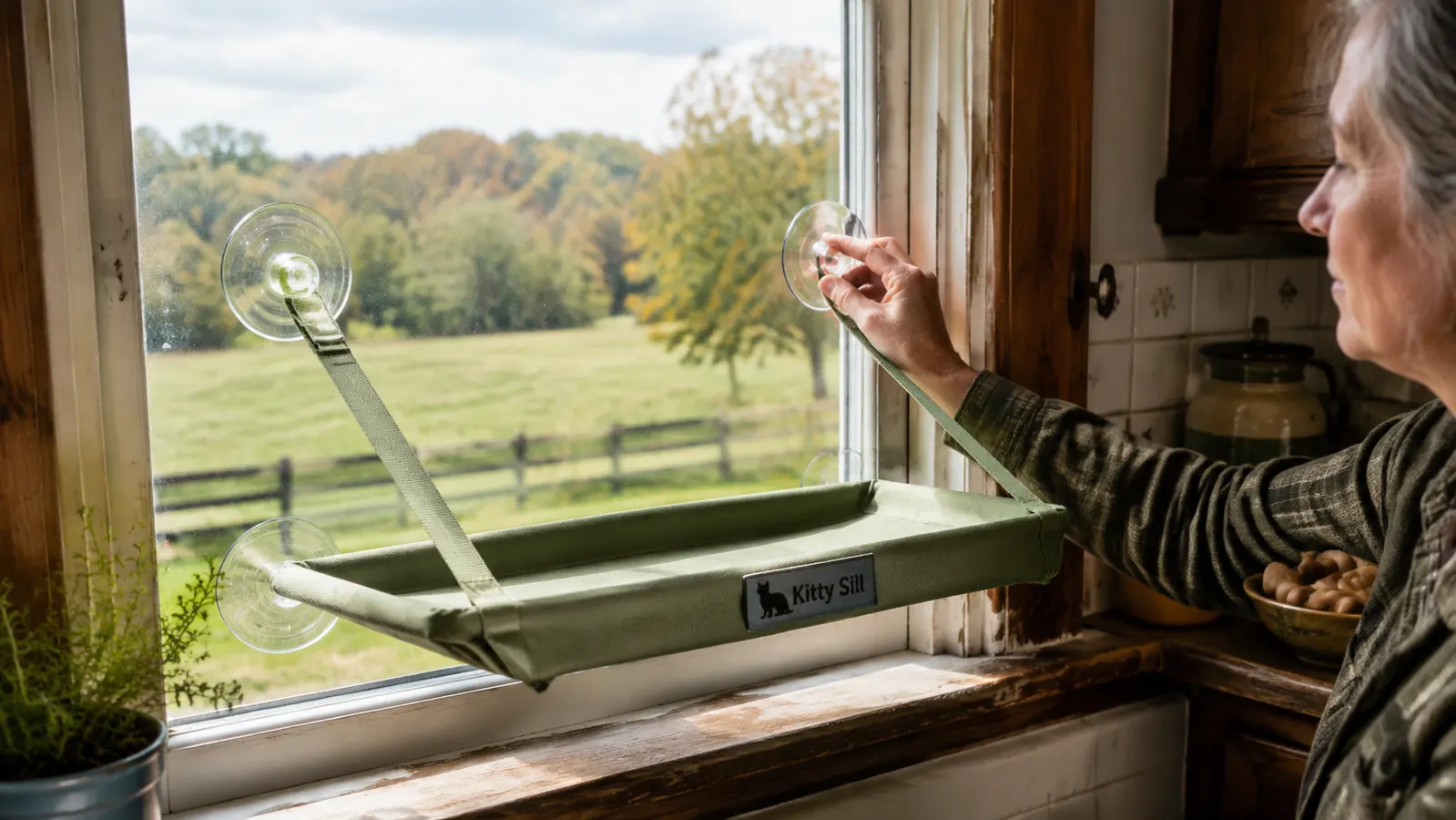 Hand mounting a Kitty Sill window perch to a farmhouse window with suction cups and support straps