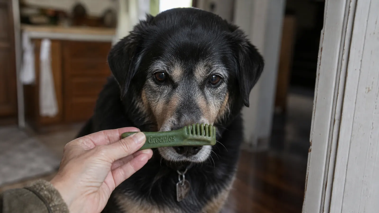 A hand holding a Greenies dental chew up next to a medium-size dog's muzzle to check the sizing