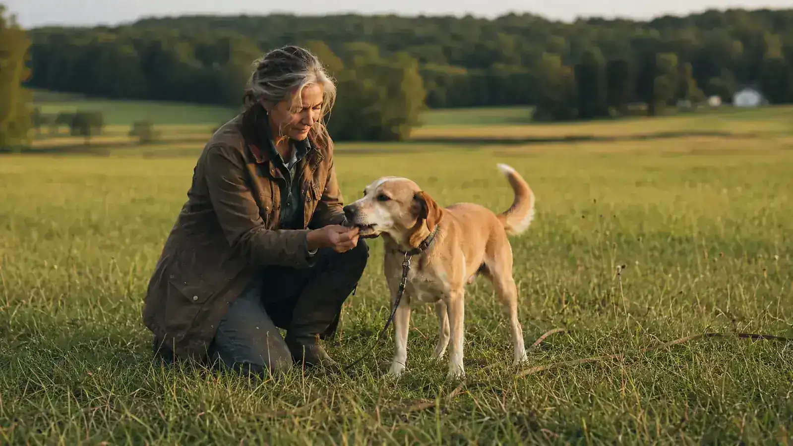 A woman kneeling in tall grass rewarding a dog that just ran back to her with a long line trailing behind it