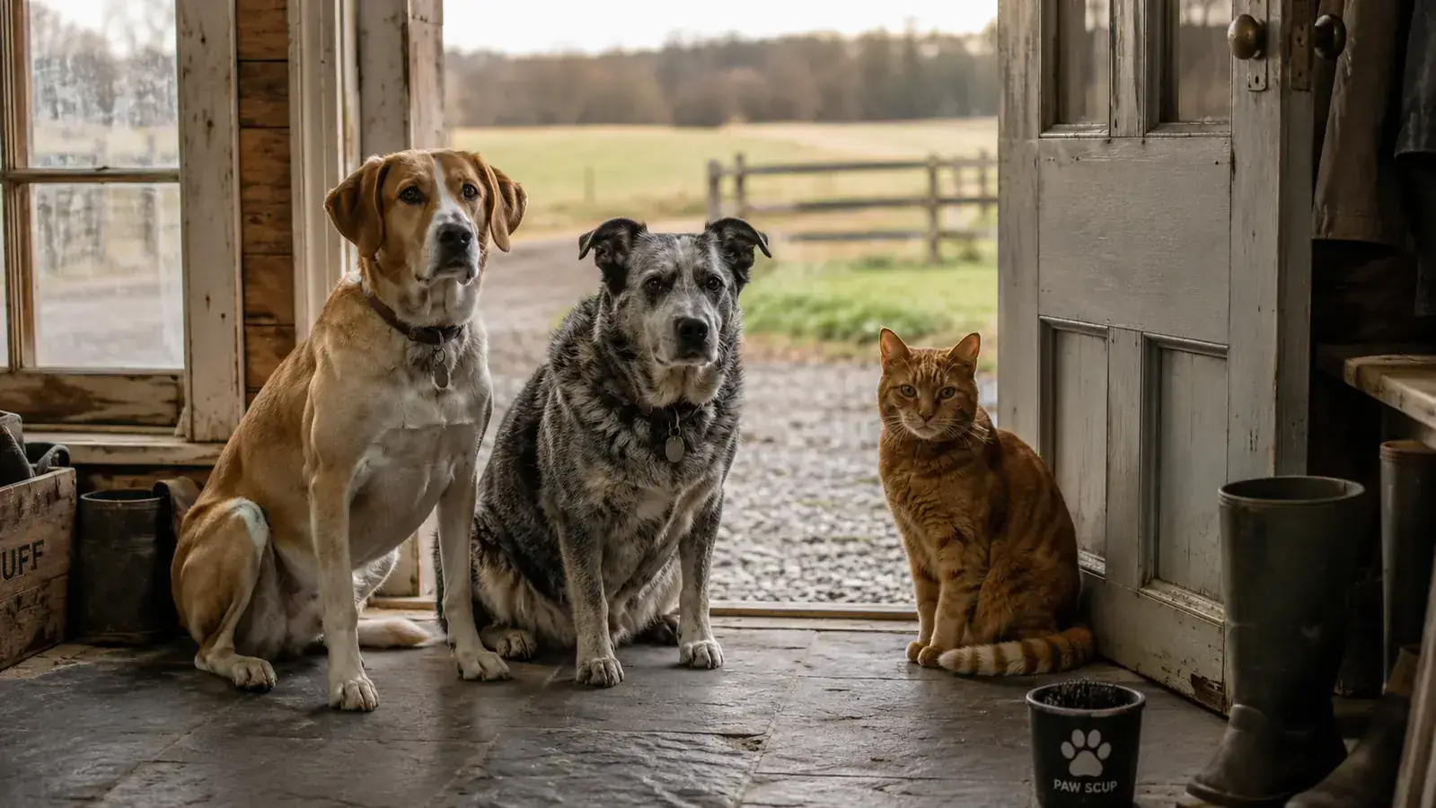 Two dogs and a foster dog lined up at a farmhouse back door waiting to have their paws cleaned