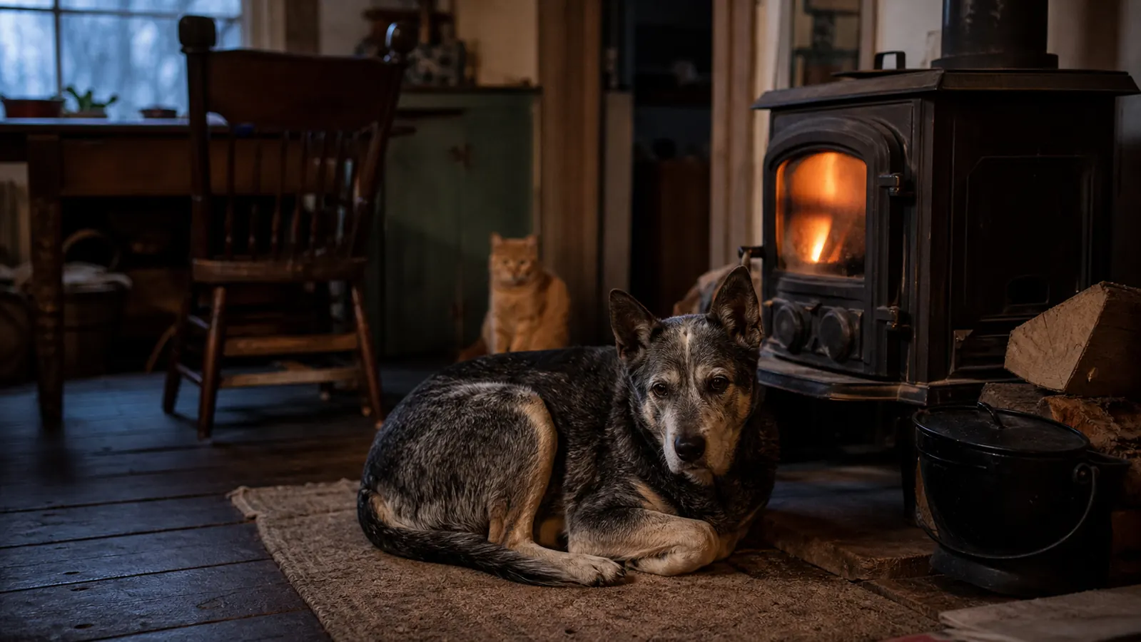 A dog resting calmly by a wood stove in a farmhouse living room