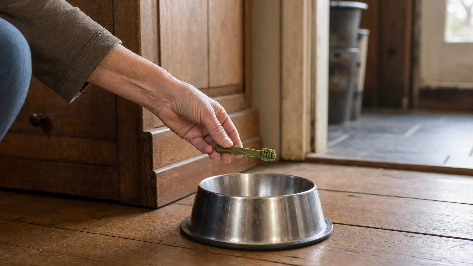 A hand holding a Greenies dental chew next to a stainless steel dog bowl on a farmhouse kitchen floor