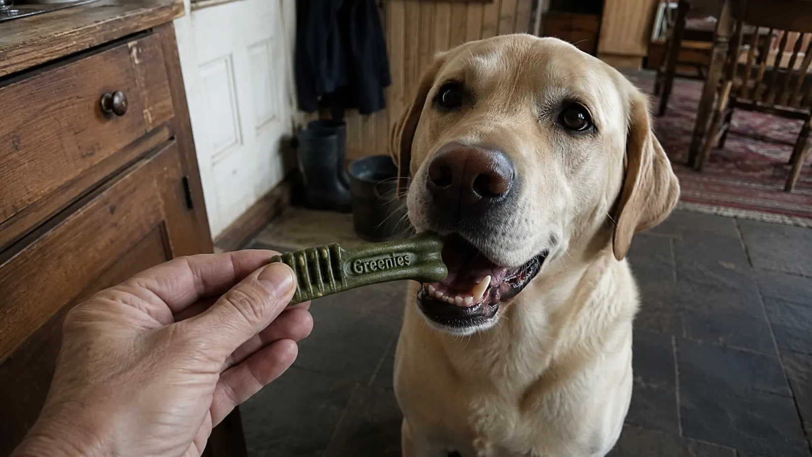 A hand holding a Greenies dental chew next to a dog's open mouth showing the ridged texture