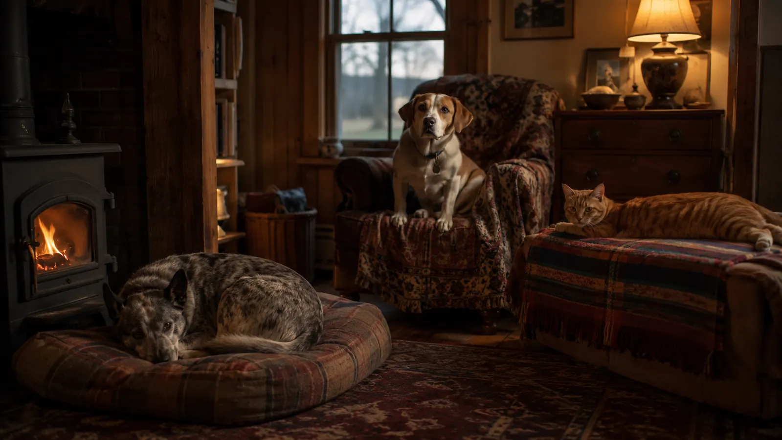 A senior Cattle Dog mix resting by a wood stove after finishing an evening dental chew