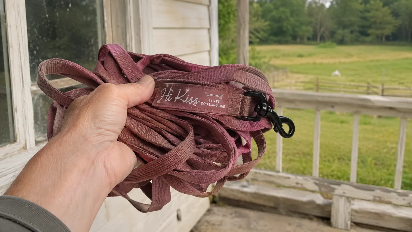 A hand holding a tangled coil of long training line with visible knots and loops
