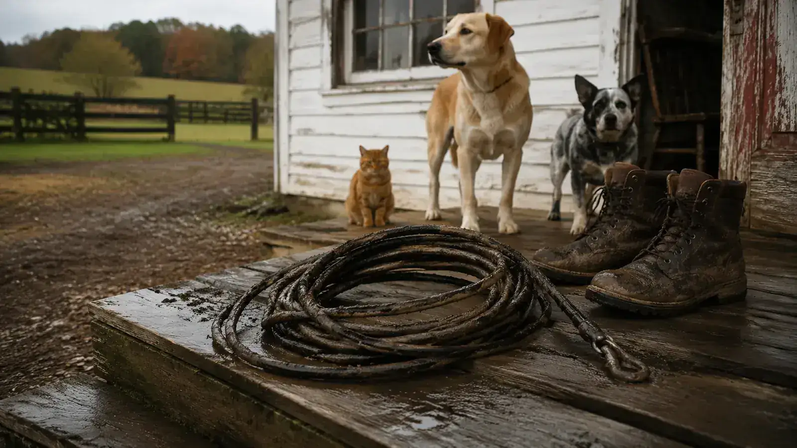A wet, mud-streaked long line coiled on a porch step next to a pair of muddy boots