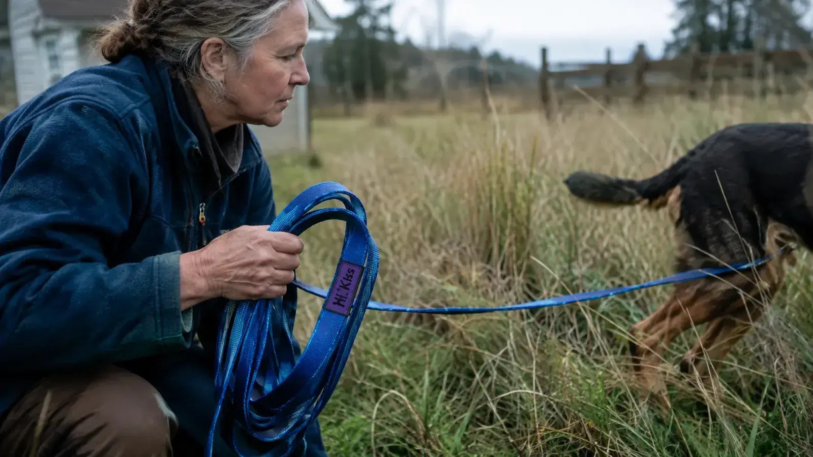 A hand feeding out slack on a bright orange Hi Kiss long line while a dog moves ahead in tall grass