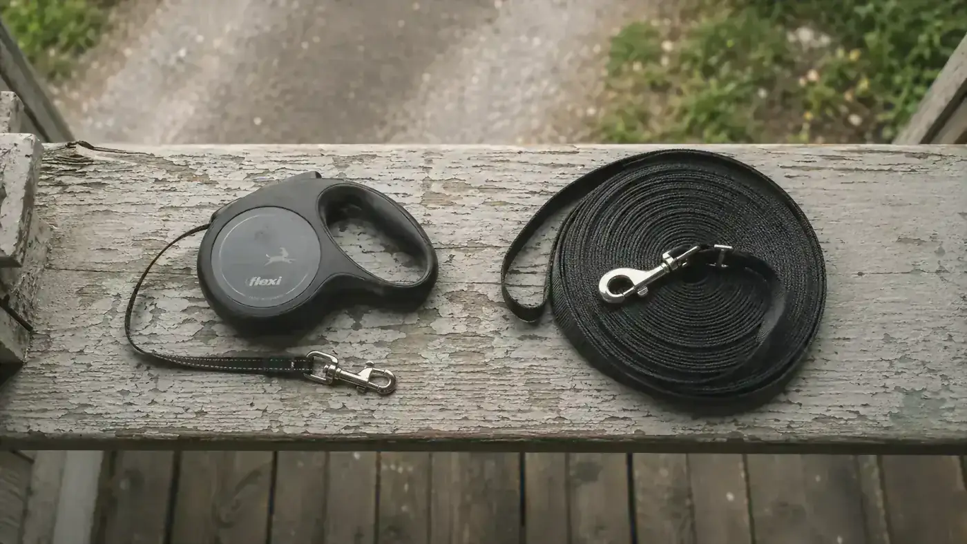 A retractable leash cord coiled on a porch rail next to a flat nylon long line for comparison