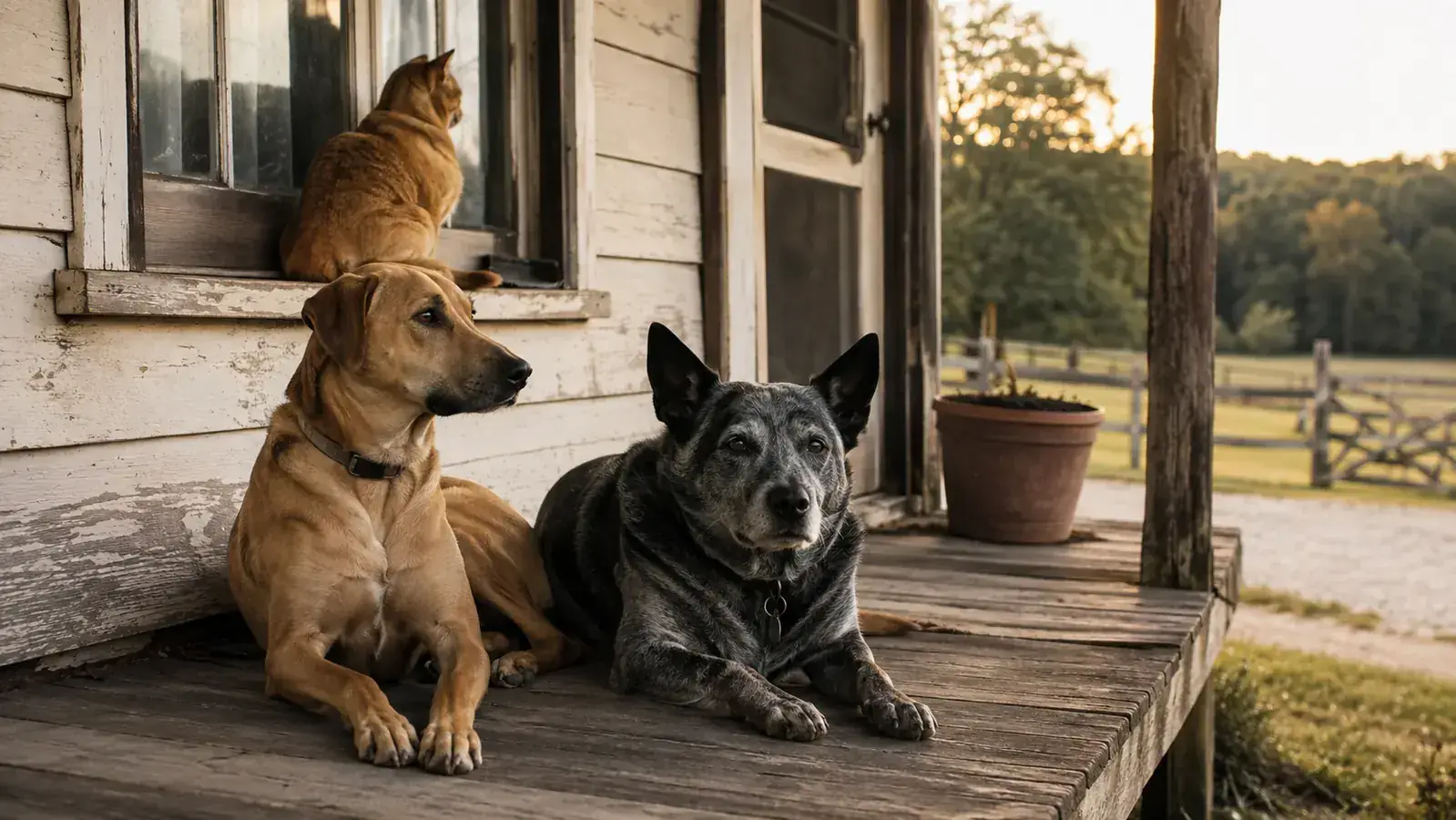 A Lab hound mix and a senior cattle dog waiting on the slate floor of a farmhouse mudroom in morning light
