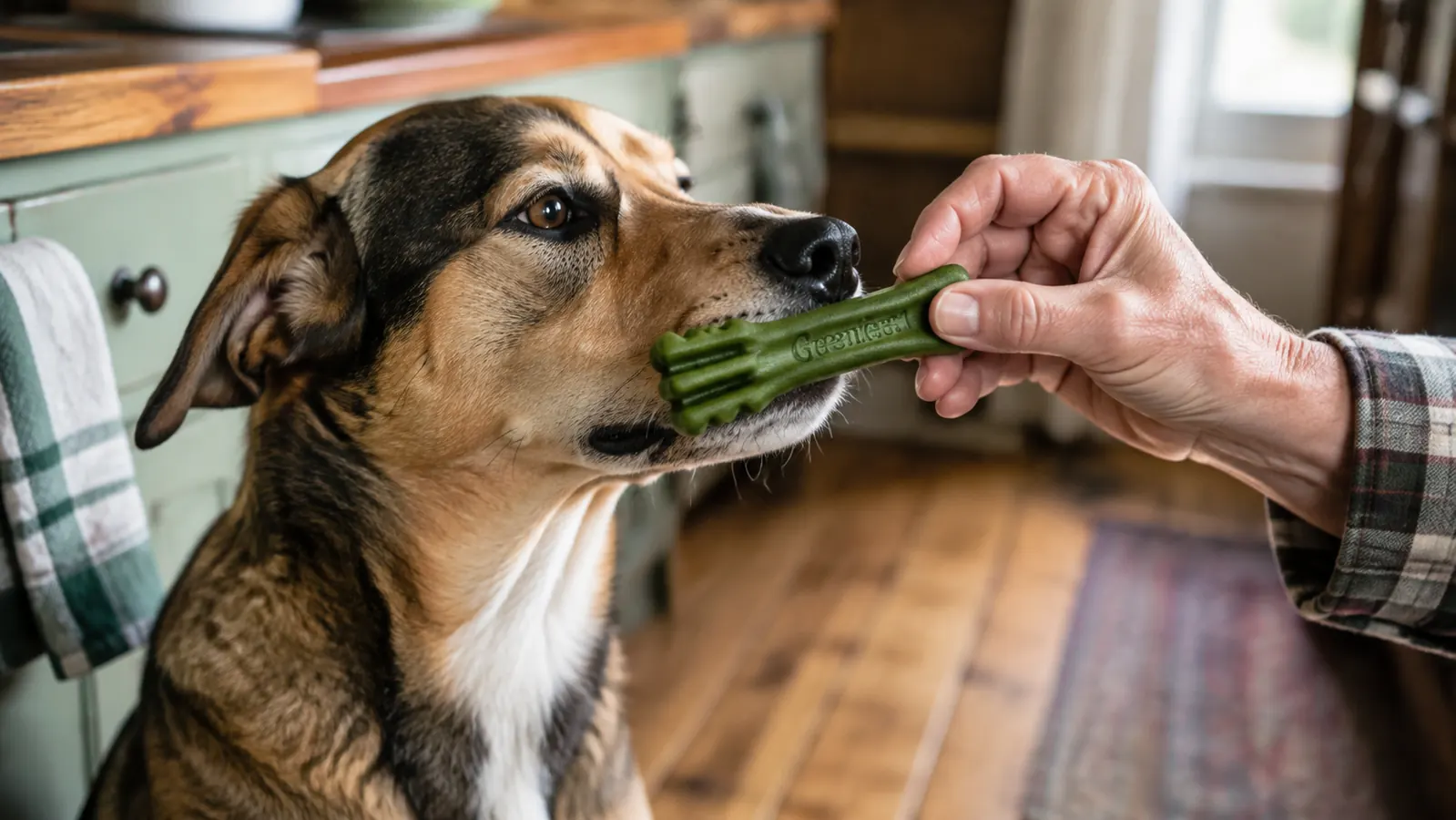 Close-up of a hand holding a Greenies dental chew next to a dog's open mouth to check size against the back teeth