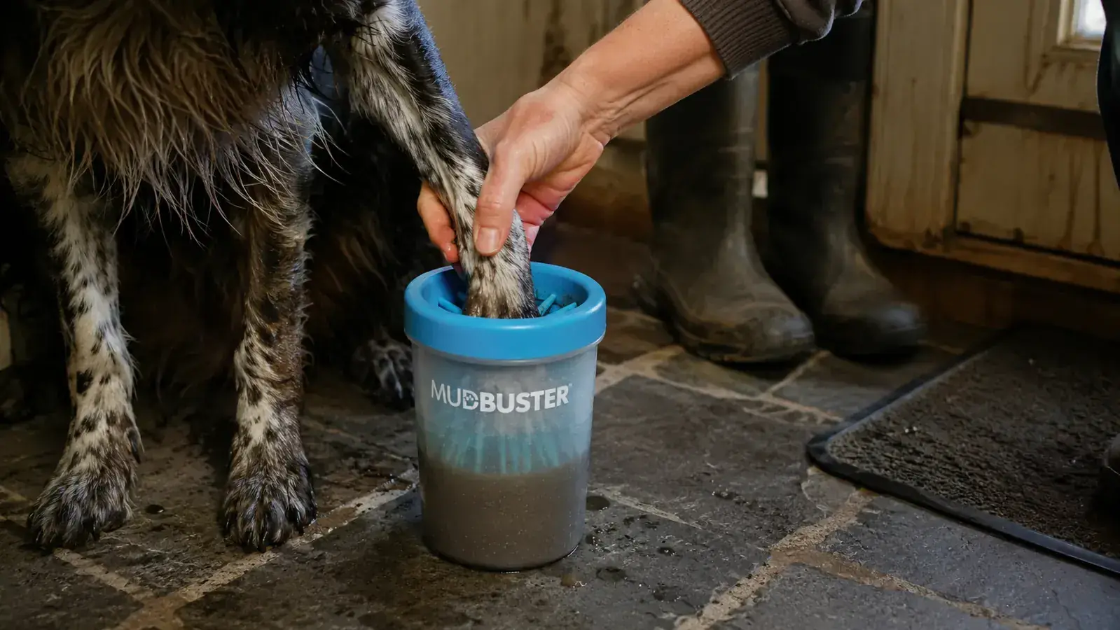 A hand holding a dog's muddy paw inside a MudBuster twist-cup paw cleaner filled with water