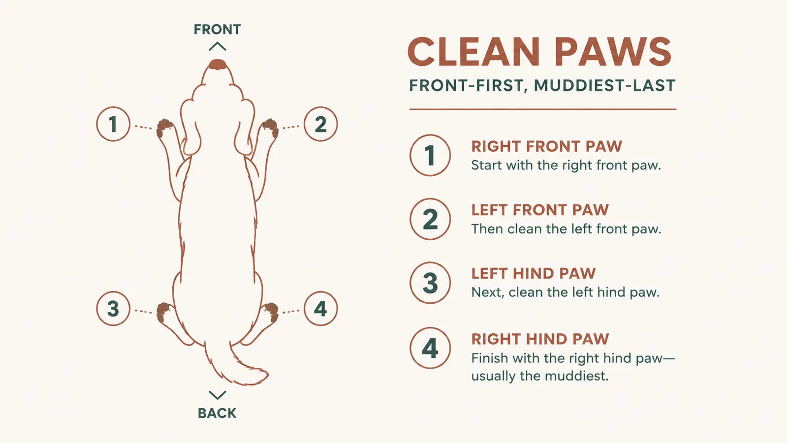 Diagram-style chart showing the order to clean four paws using a MudBuster station