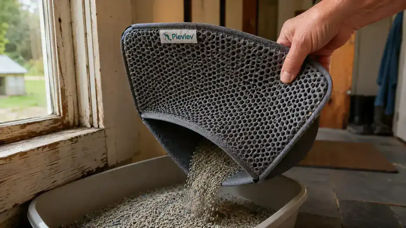 Hand shaking loose litter granules trapped in the honeycomb holes of the mat back into the litter box