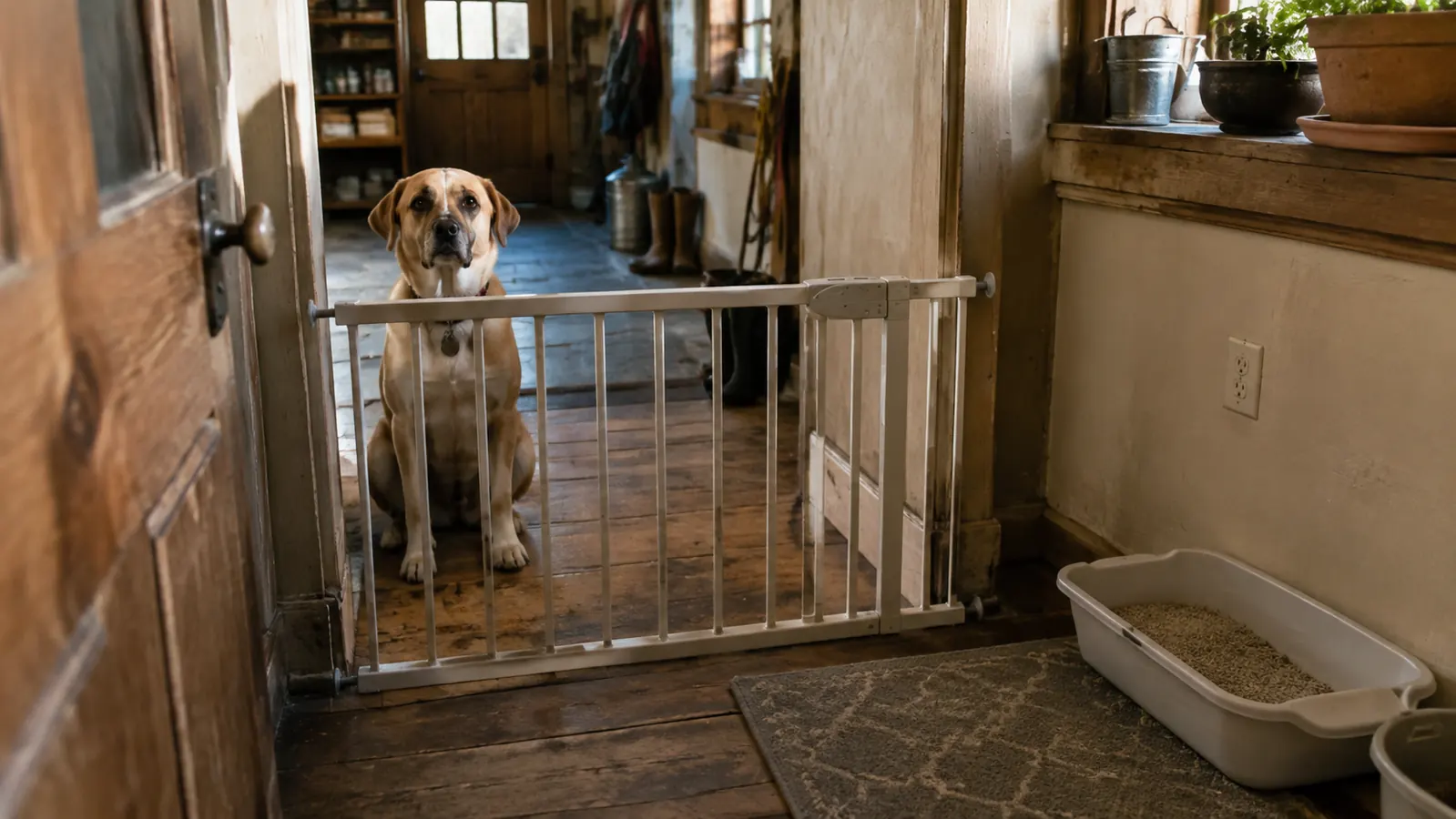 A low baby gate blocking a hallway in front of a litter box to keep a curious dog out