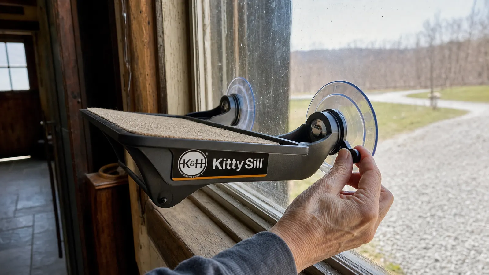 Hand pressing down on a suction cup mount to reseat it against window glass, cat perch visible below