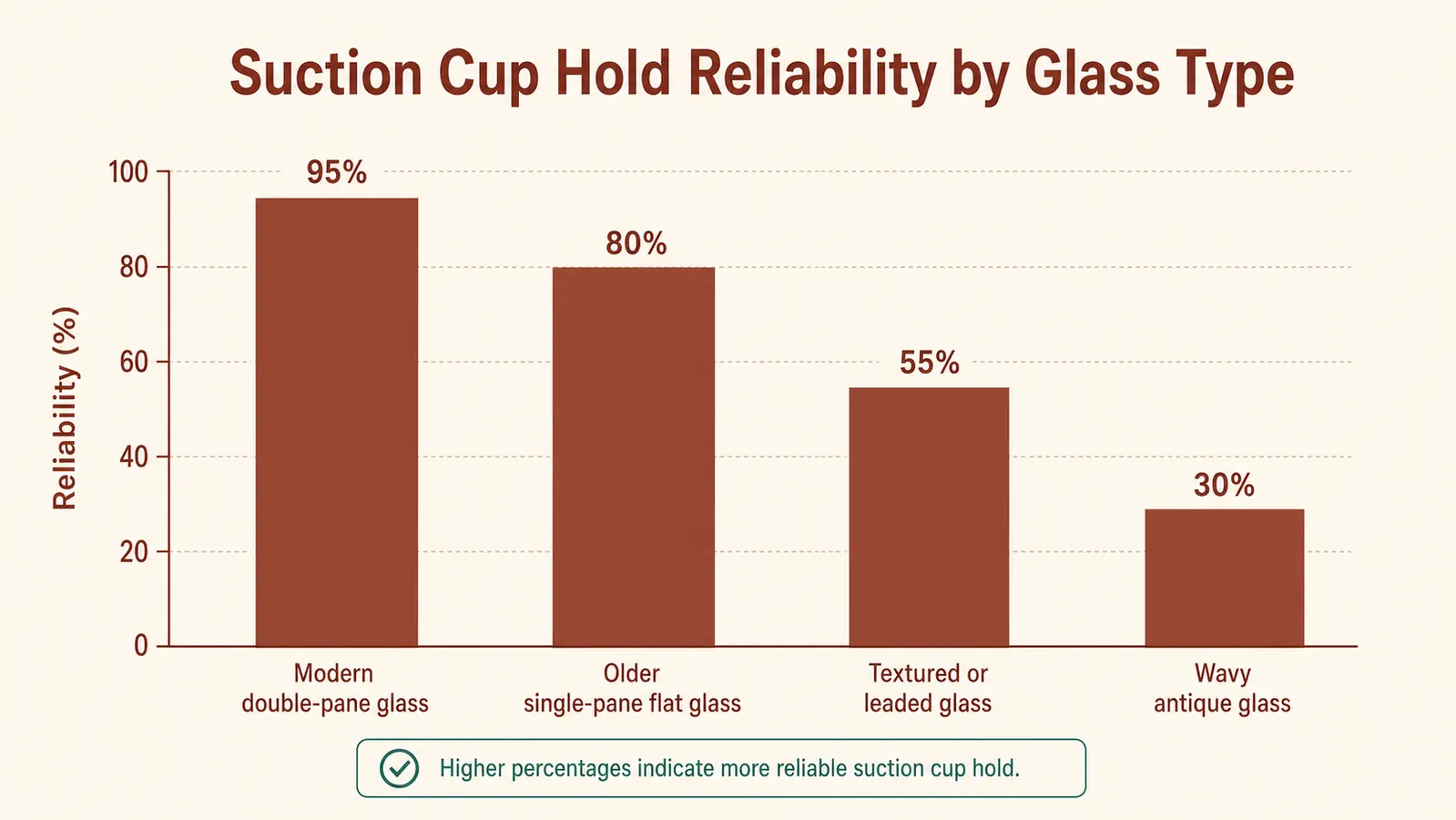 Simple chart showing suction cup hold reliability across four window glass types