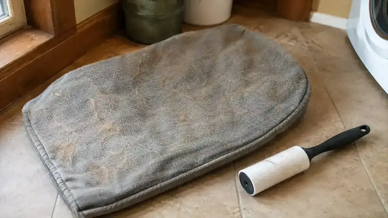Cat window perch cover being pulled off the frame for washing, loose orange cat hair visible on the fabric