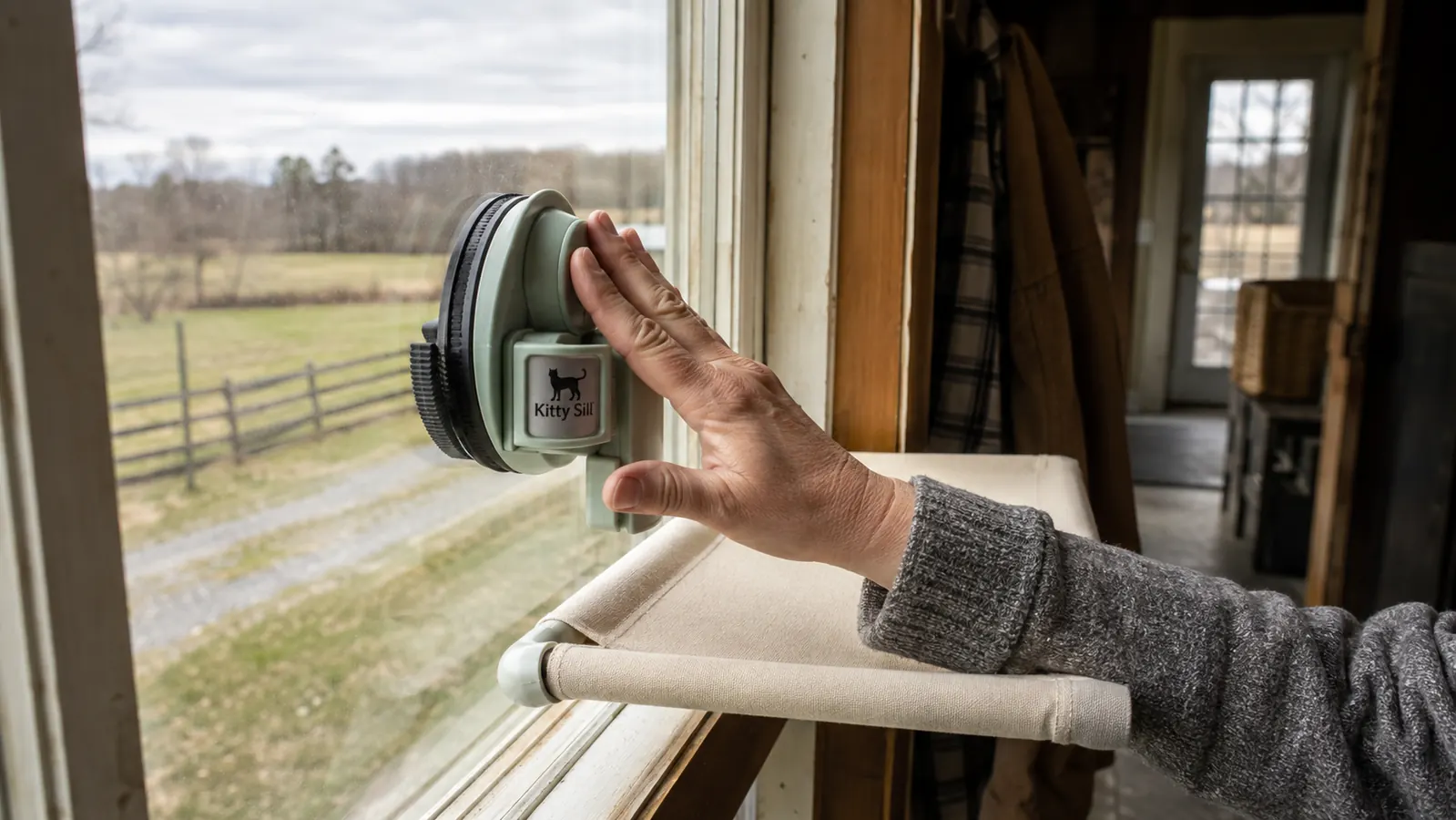 A hand pressing down on a suction cup mount to reseat a window perch against clean glass