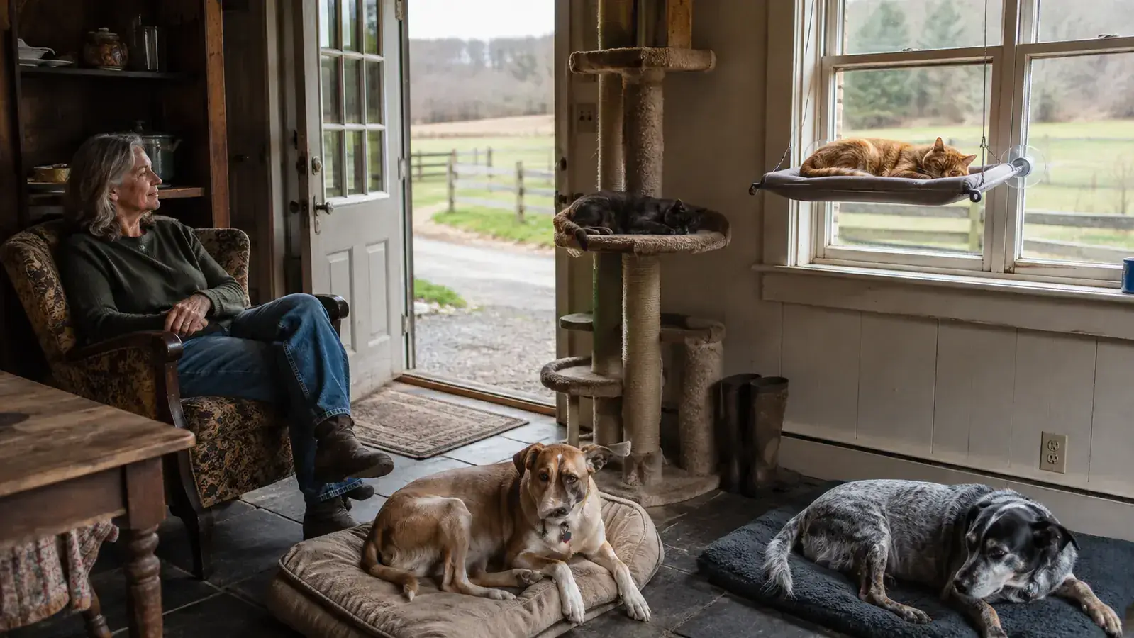 An orange tabby cat asleep on a window perch while another cat naps on a mid-level platform of a cat tree across the room