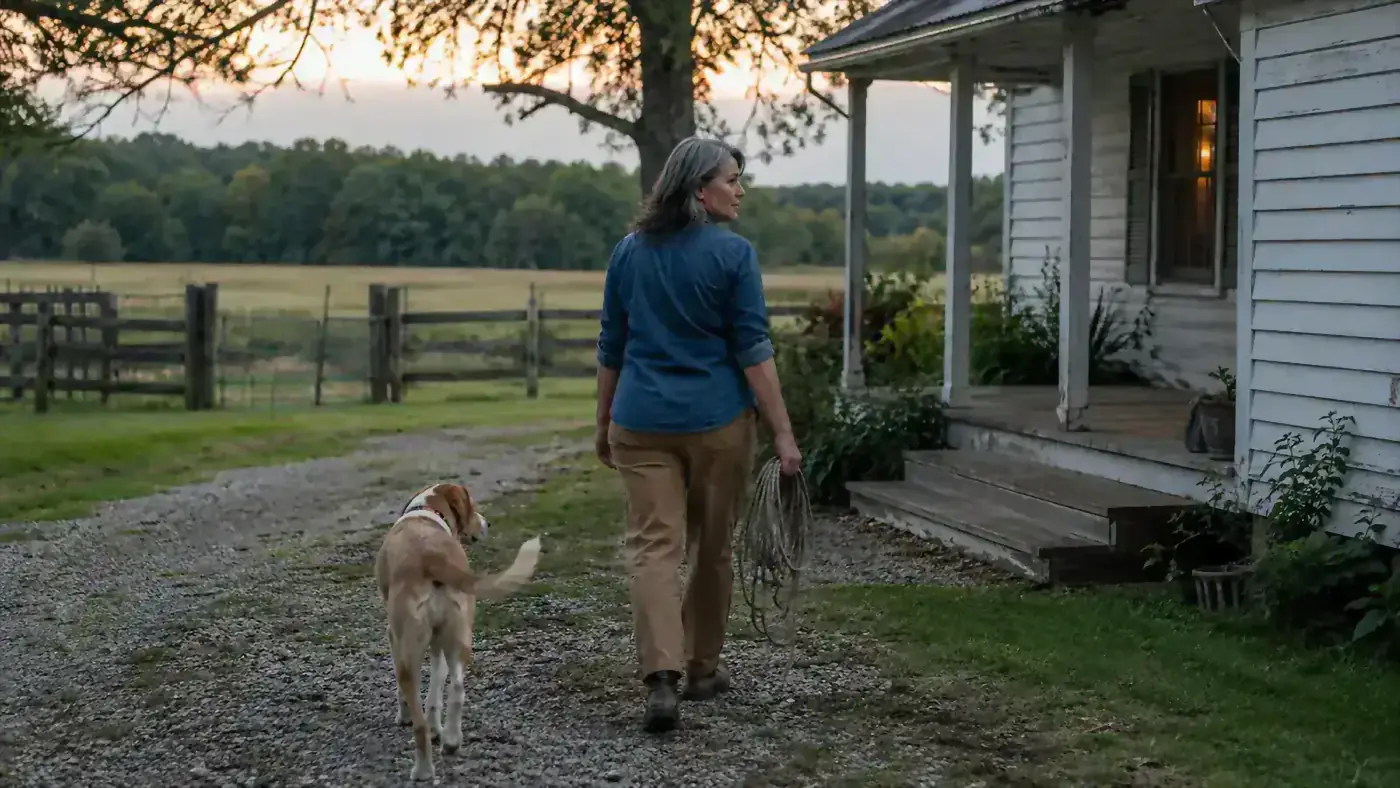 A woman and dog walking together back toward a farmhouse porch at dusk with the long line coiled in her hand