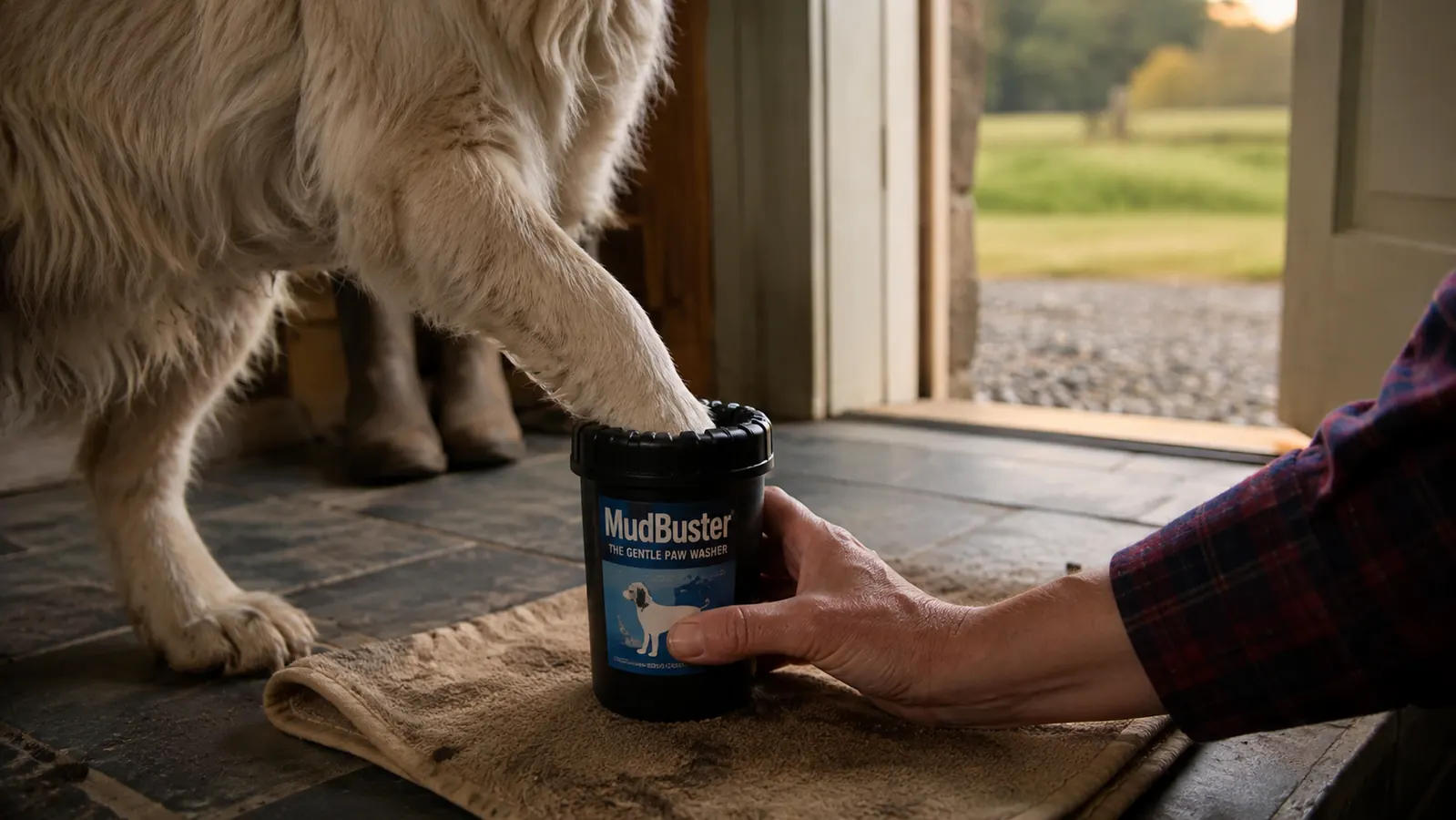 A hand holding a dog's paw inside a black Dexas MudBuster cup on a towel next to a slate floor