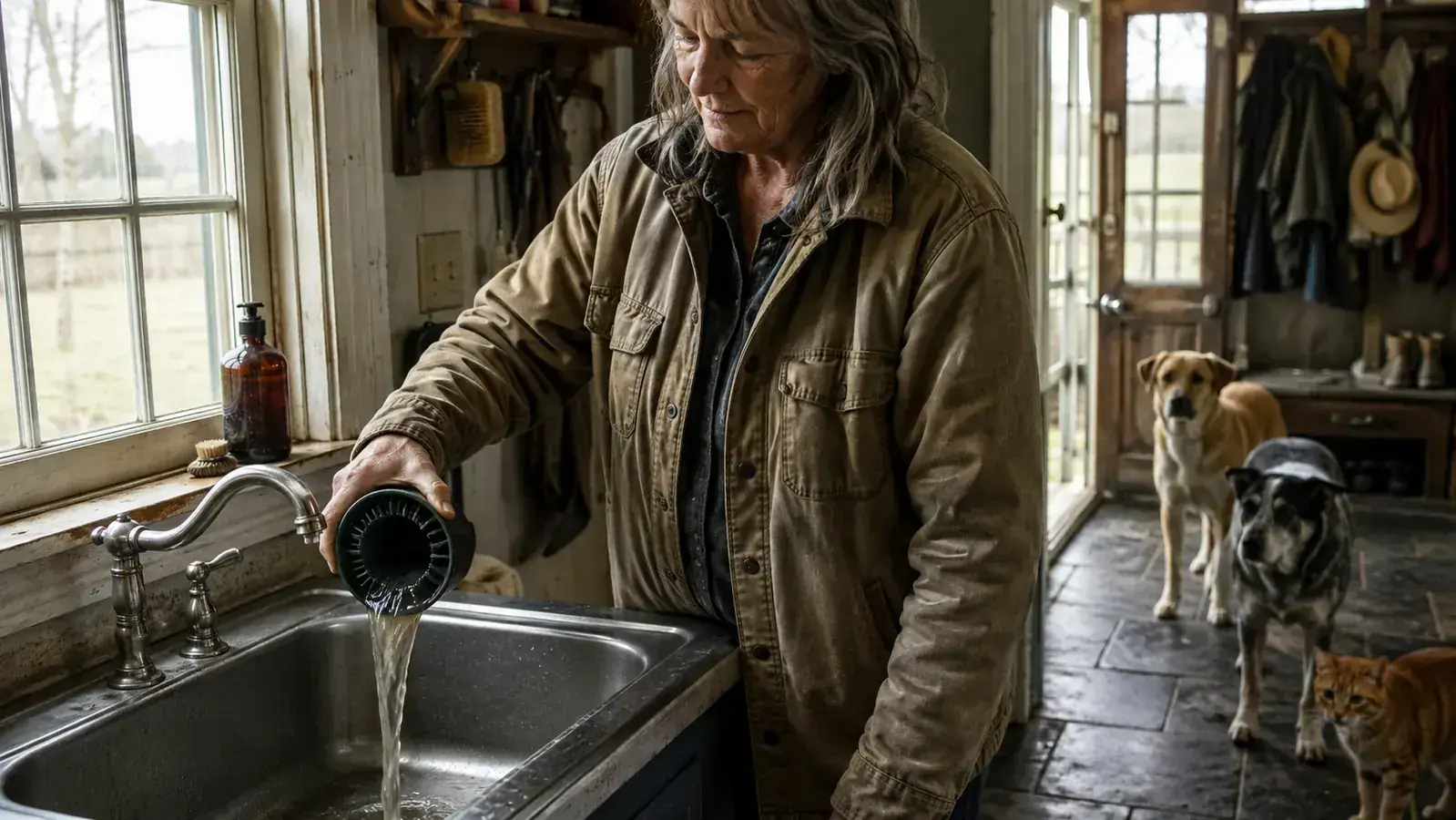 A cup of muddy brown water being emptied into a farmhouse mudroom sink