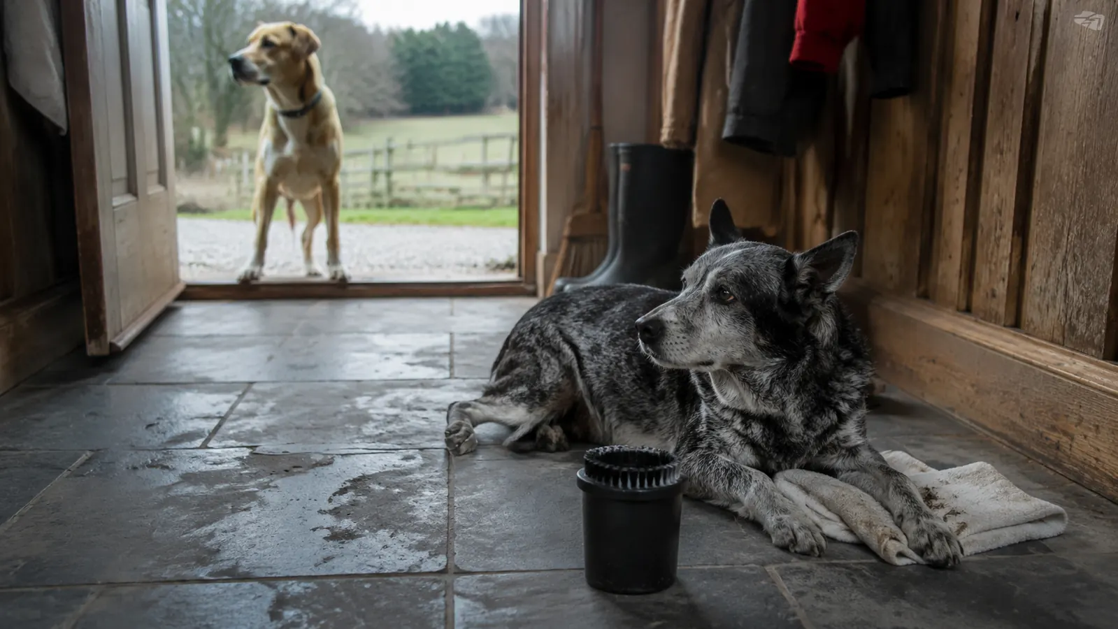 An older Cattle Dog mix lying on a slate mudroom floor near a towel and the paw cleaning cup