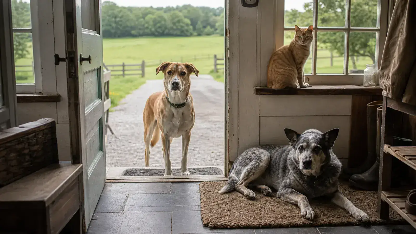 A clean slate mudroom floor with a dog lying calmly nearby, no mud in sight