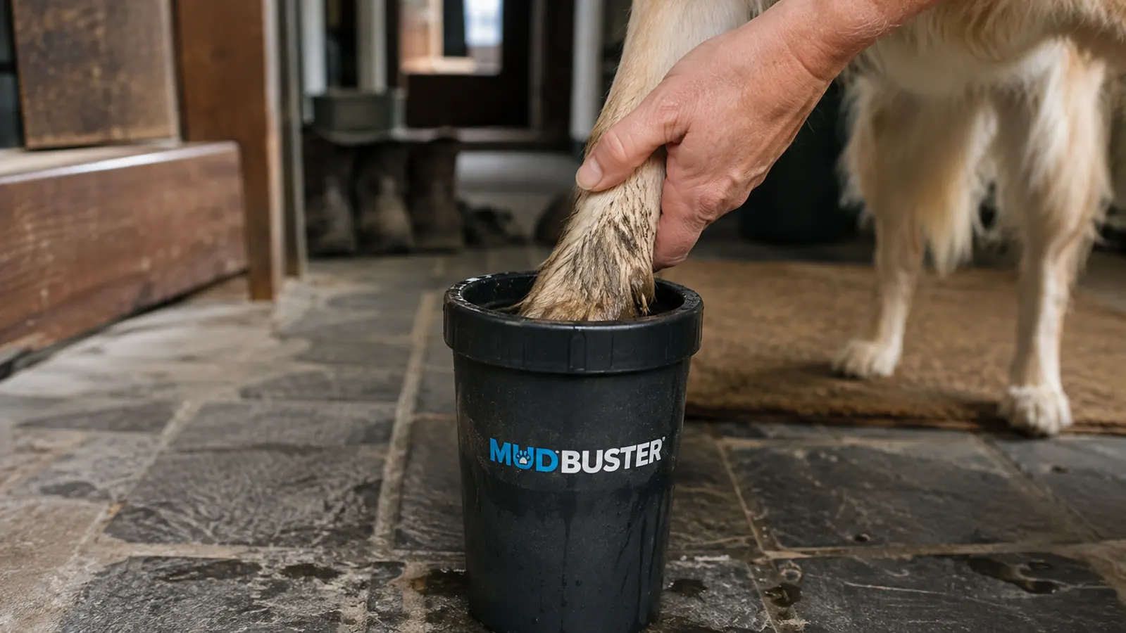 A hand dunking a muddy dog paw into the MudBuster cup filled with water