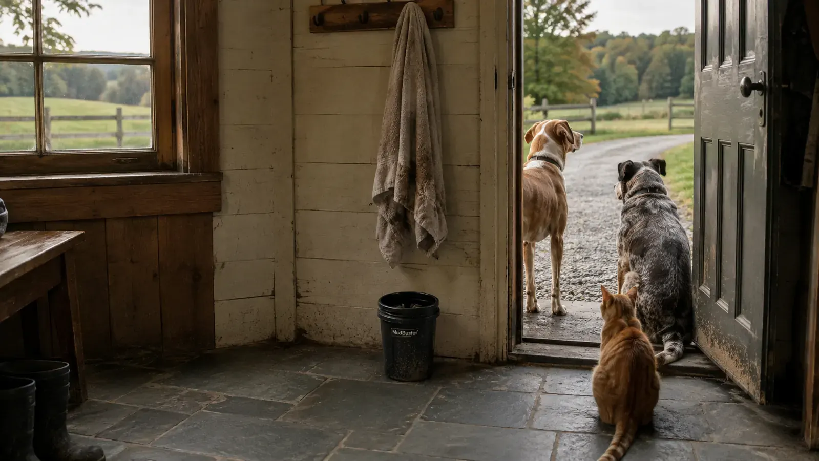A folded towel hanging on a mudroom hook next to a black MudBuster cup on the floor