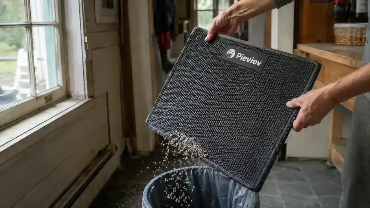 Two hands lifting a gray honeycomb litter mat over a trash can with granules spilling over the edge onto the floor