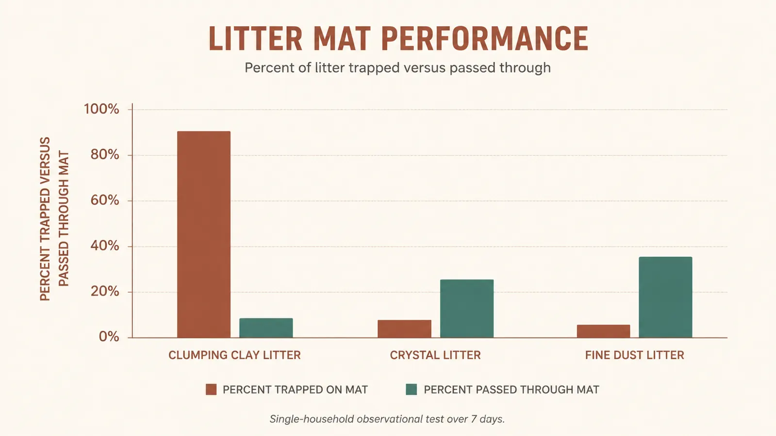 Bar chart comparing how much litter three litter types leave behind on top of a honeycomb mat versus falling through and back out