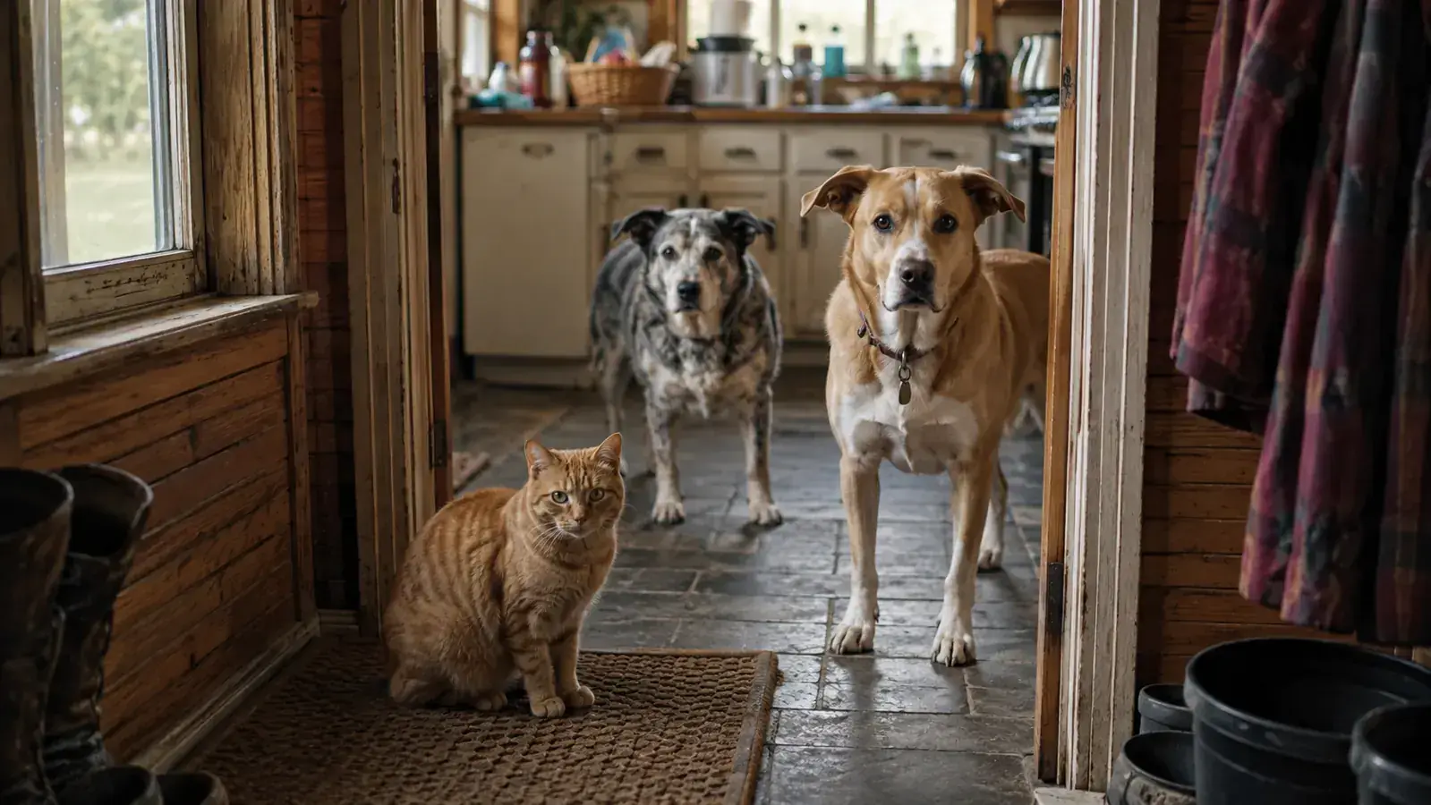 Orange tabby cat sitting on top of a gray honeycomb litter mat next to a kitchen doorway