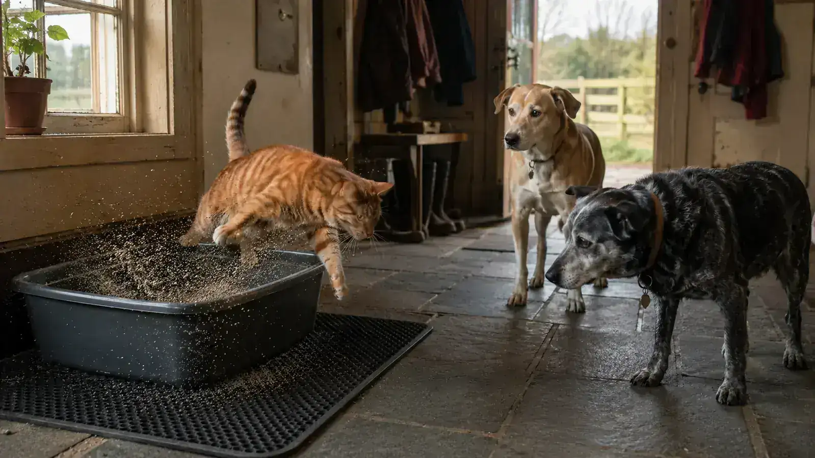 Orange tabby cat mid-leap flinging litter out of the box onto the mat below